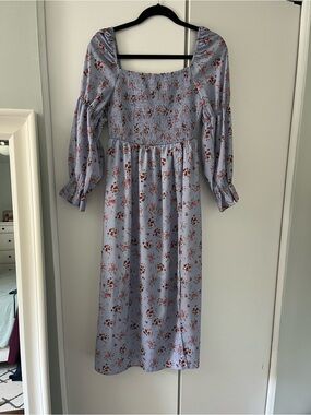 Smocked Square-Neck Midi Dress in Lavender with Red Floral Print